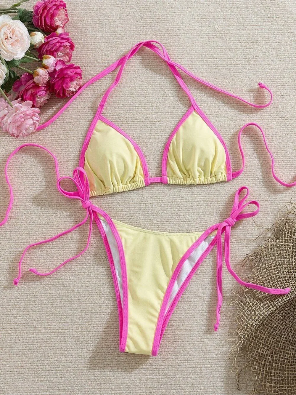 Multicolor Sexy Halter Women's Contrast Halter Tie Backless Bikini Set